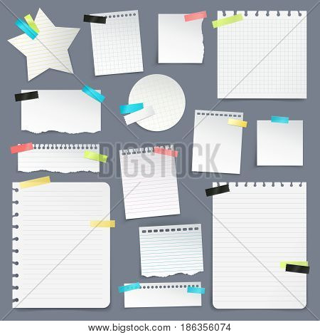 Realistic set of paper scraps and clean sheets torn from school notebook on gray background  isolated vector illustration