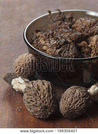 Morel fungus boiled ready for frying close up