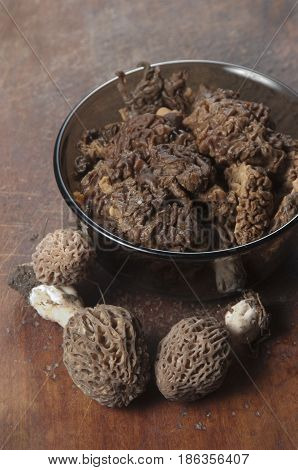 Morel fungus boiled ready for frying close up