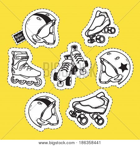 Summer outdoor activities sport equipment patch badges collection with helmets and roller skates on yellow background