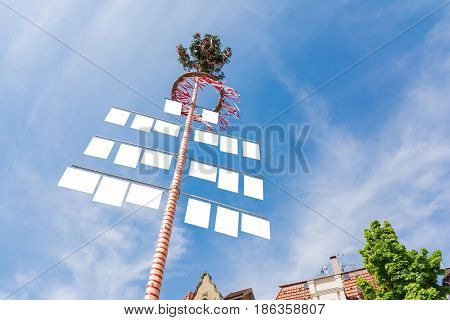 Blank White Signs On Traditional German May Pole Maibaum Blue Skies Local Tradition