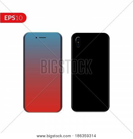 Phone, smartphone, mobile vector mockup isolated on white background with empty screen. Back and front view realistic illustration phone with black color.