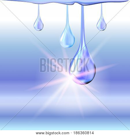 Blue cyan light shiny oil drops and empty place for objects. Gradient mesh. Cosmetic lotion or liquid. Vector illustration stock vector.