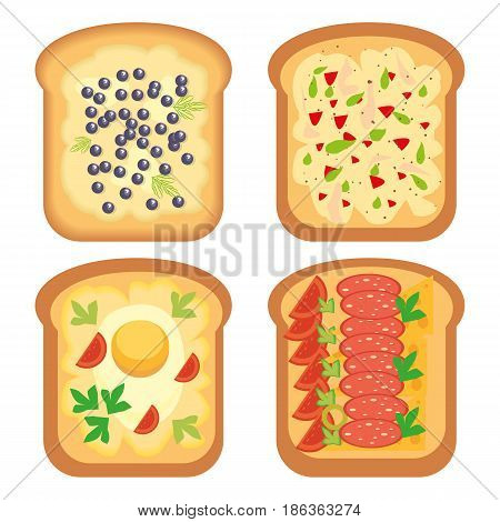 Toast party healthy breakfast wholegrain bread slices with cream cheese fruit seeds and nuts. Top view clean eating vegetarian dieting toast bread meal snack lunch sandwich vector illustration.