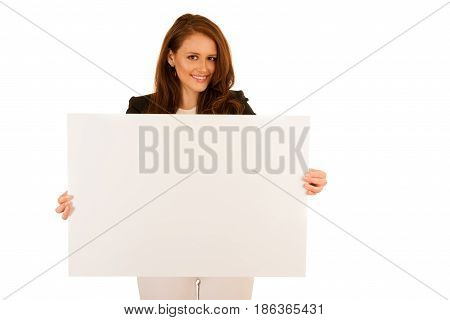 Attractive Business Woman Holding White Banner With Copy Spave For Additional Text Or Graphic Isolat
