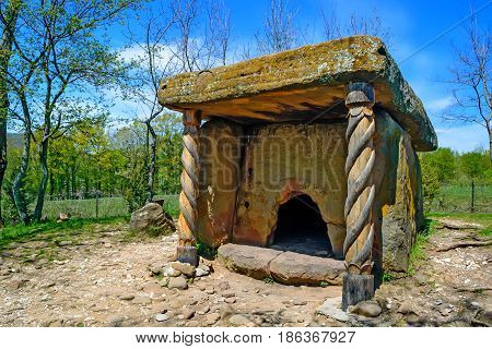 Close up beautiful stone dolmen on sunny day