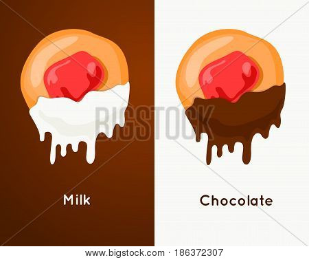 Biscuit Сookie with jam dunks in chocolate sauce and milk.