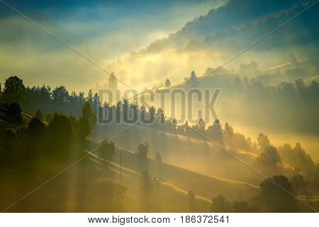 Majestic sunset in a mountains landscape. Holbav, Brasov, Romania