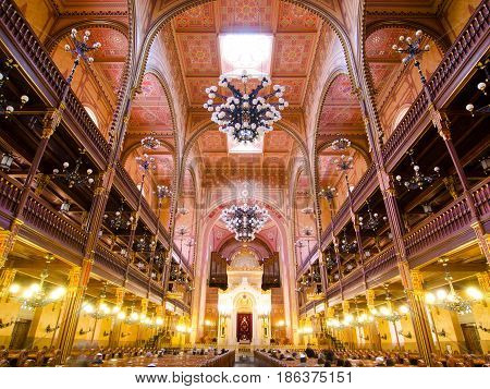 BUDAPEST, HUNGARY - FEBRUARY 21, 2016: Interior of the Great Synagogue in Dohany Street. The Dohany Street Synagogue or Tabakgasse Synagogue is the largest synagogue in Europe. Budapest, Hungary.