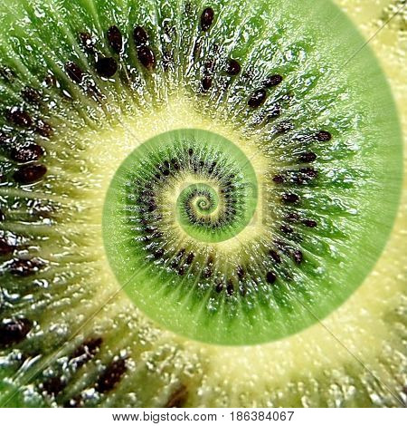Kiwi abstract texture fractal spiral. Kiwi background. Abstract green black fruit fractal effect. Food incredible background. Funny fresh fruits. Green kiwi. Droste effect round circle spiral