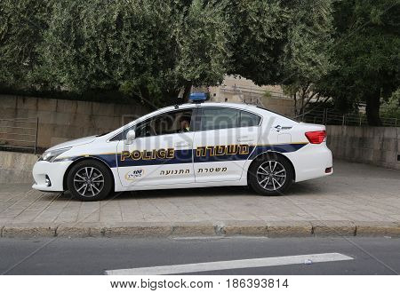 JERUSALEM, ISRAEL - APRIL 30, 2017: Israeli police car provides security in Jerusalem.