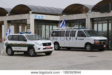 JERUSALEM, ISRAEL - APRIL 30, 2017: Israeli police cars provide security in the Old City of Jerusalem.