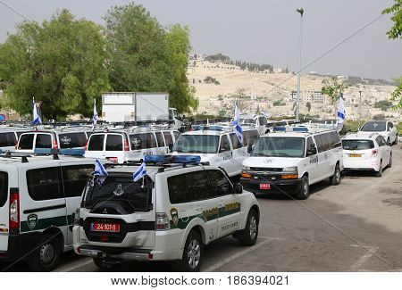 JERUSALEM, ISRAEL - APRIL 30, 2017: Israeli police cars provide security in the Old City of Jerusalem.