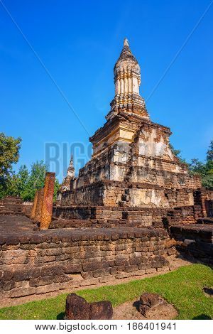 Sukhothai, Thailand - January 17 2017: Wat Chedi Jet Thaew In The Precinct Of Si Satchanalai Histori