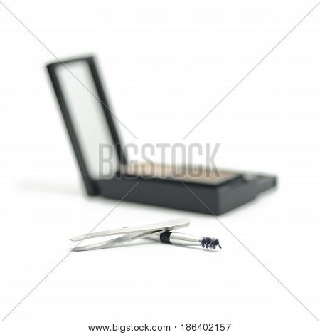 Cosmetic Set : Spoolie Brush, Tweezers, Angled Brush Isolate On White Background