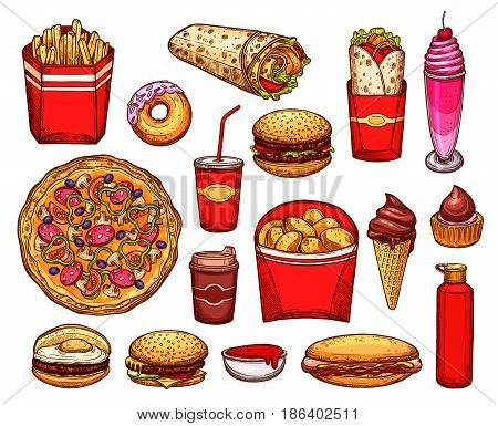 Fast food meal and drink sketches. Hamburger and hot dog, pizza, donut and egg sandwich, coffee and french fries, sweet soda, meat burrito, potato chips and ice cream, cupcake, milkshake and sauce