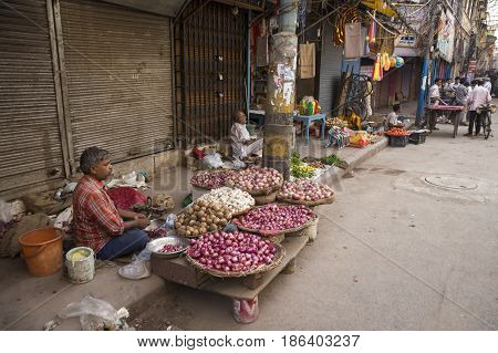DELHI INDIA - JUN 7 : street fresh food market in chawri bazar in old delhi of delhi on june 7 2015 india. this market is aged and large hardware market of delhi