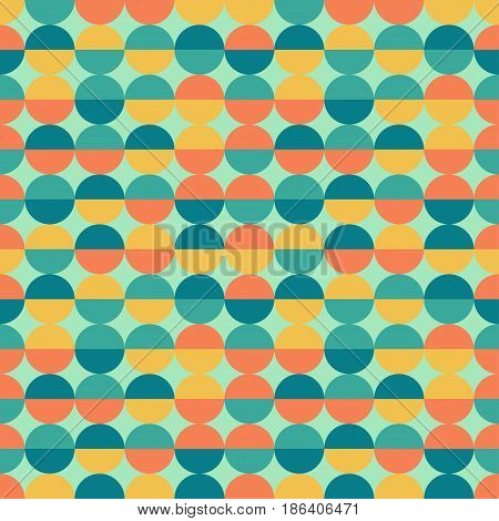 Abstract colorful half circles seamless geometric pattern in vector on turquoise background. Soft orange, green colored shapes circles vector seamless pattern