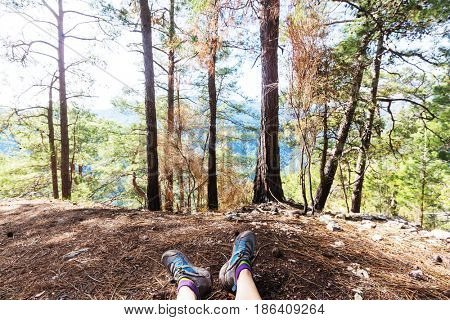 Hiking in famous Lycian Way in the Turkey. Backpacker in the trail.