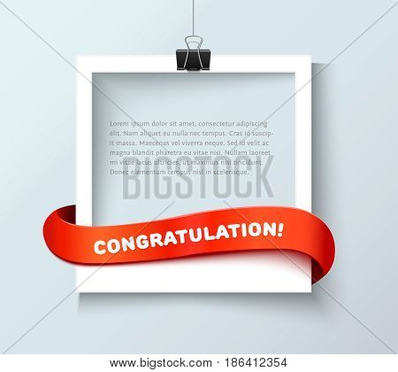 Photo frame vector banner with red ribbon template with copy space for text for web sites and presentation. Photo frame banner. Art gallary template with photo frame