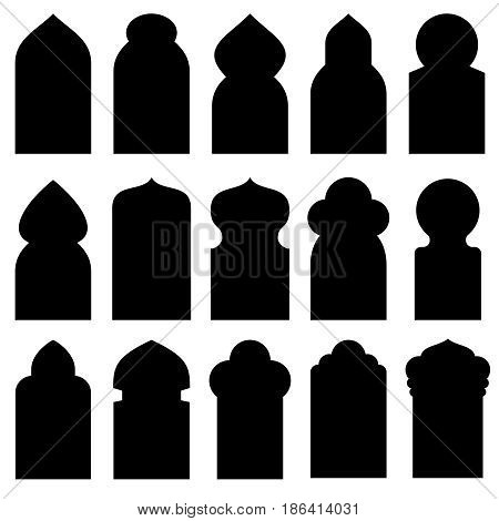 Arabic arch windows and doors in traditional islamic style vector silhouettes. Illustration of black silhouettes door and window