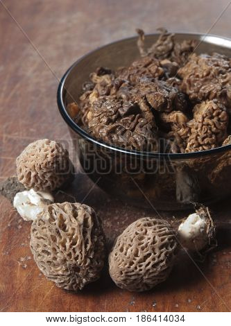 Morel fungus boiled ready for frying close up