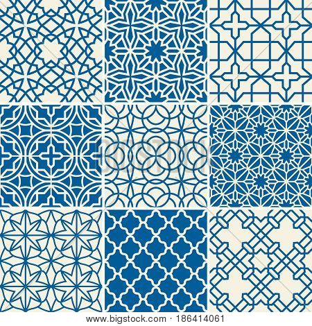 Turkish texture vector semless patterns. Islamic arabic repetitive backgrounds set. Illustration of arabic patterns collection