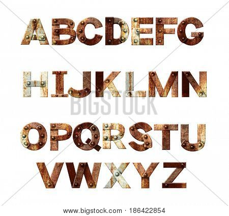 Alphabet - letters from rusty metal with rivets. Isolated on white background. 3d render