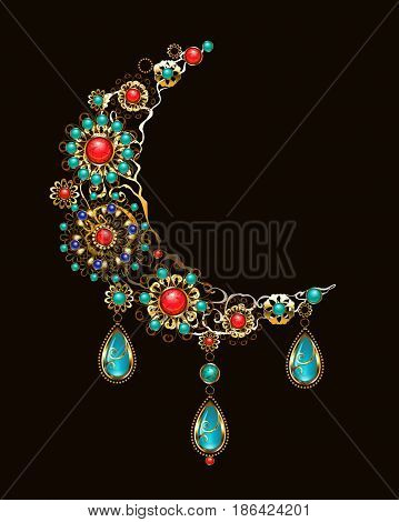 crescent moon decorated with jewelry, gold and bronze ornaments in ethnic style, with turquoise and jasper. Jewelery in boho style.