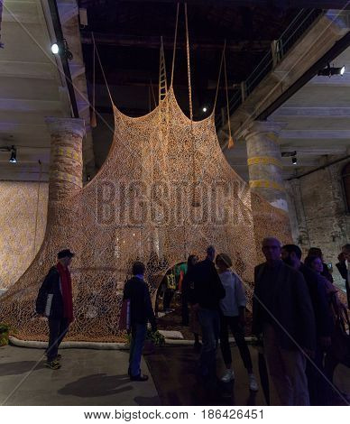 VENICE ITALY - MAY 10: Installation view of work by Ernesto Neto Um Sagrado Lugar (A Sacred Place) at the 57th Venice Biennale on May 10 2017