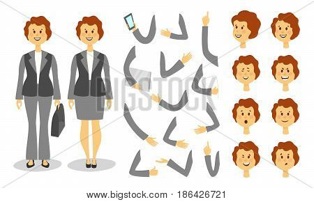 Businesswoman character creation set. Icons with different types of faces , emotions, moving arms, front, rear, side view of male person. Cartoon flat style ector illustration