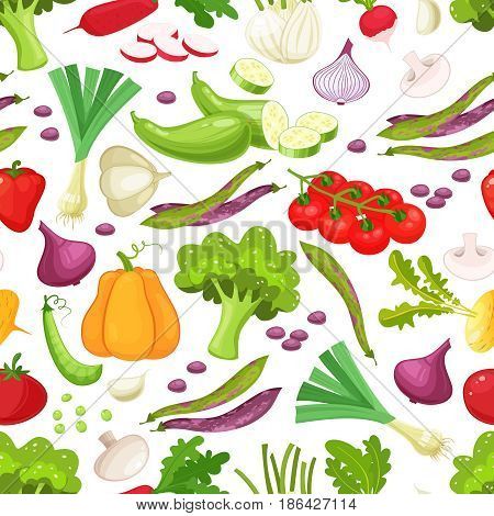Assorted vegetables vector seamless pattern on white background. Pattern with colored vegetable. Cartoon stylevector illustration of harvest vegetable