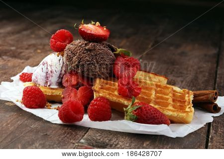 Belgian Waffles With Ice Cream, Caramel Sauce And Fresh Berries