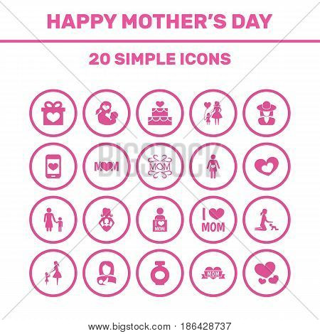 Mothers Day Icon Design Concept. Set Of 20 Such Elements As Protect, Mam And Fragrance. Beautiful Symbols For Infant, Woman And Fragrance.