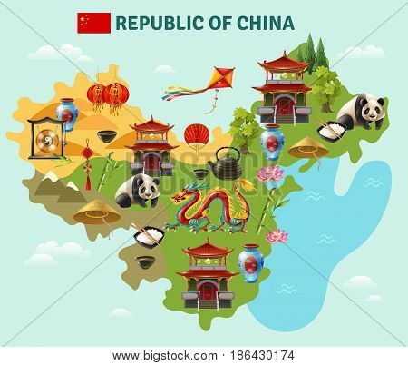 China travel sightseeing map with culture traditions national cuisine dishes and places of interest symbols vector illustration