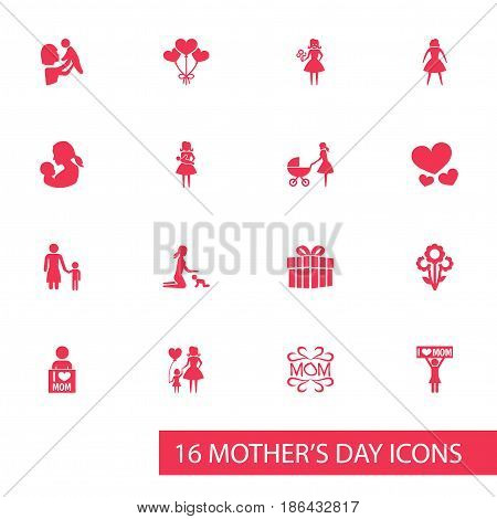 Mothers Day Icon Design Concept. Set Of 16 Such Elements As Decoration, Female And Mam. Beautiful Symbols For Mother, Present And Heart.
