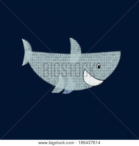 Shark patch embroidery, vector illustration of sea animal, cute character of uderwater life, decorative element for baby, children clothes, things.