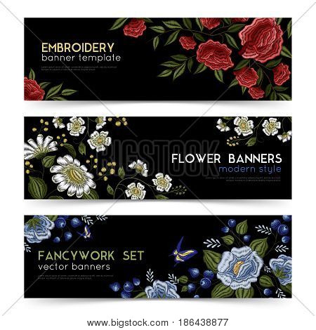 Floral folk embroidery design traditional style patterns 3 horizontal banners set with black background isolated vector illustration