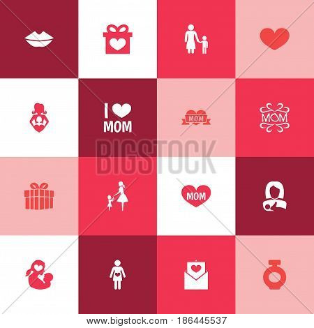 Mothers Day Icon Design Concept. Set Of 16 Such Elements As Protect, Mam And Mouth. Beautiful Symbols For Lips, Perfume And Woman.
