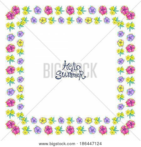 Floral frame with colorful exotic flowers. Nature square hand drawn border on white background. Vector decoration. Good for web, greeting cards and invitations.