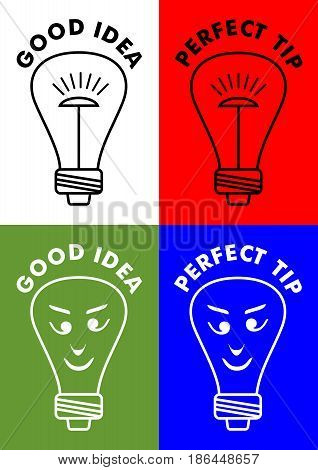 Good idea, perfect tip, four icons with lightbulb, bulb with emoticon face, vector EPS 10