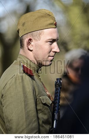 Szczecin Poland March 3 2013: Soviet soldier during historical reconstruction.