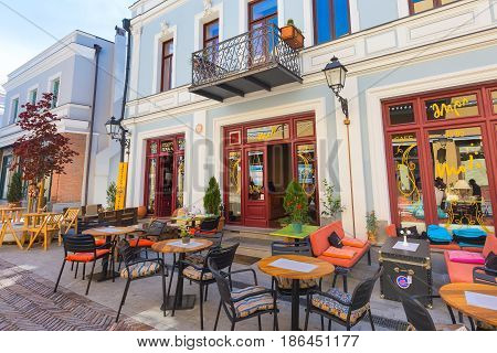 Tbilisi, Georgia - April 24, 2017: Street restaurant in the old town of Tbilisi, Geogria