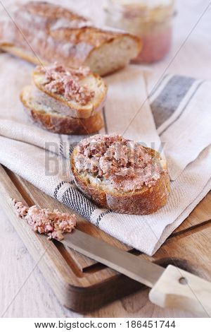 French rillettes: meat pate with bread appetizer