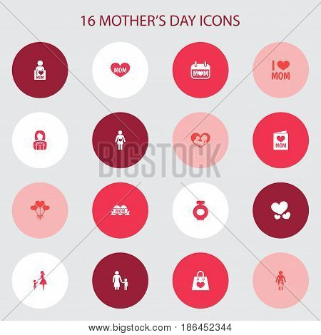 Mothers Day Icon Design Concept. Set Of 16 Such Elements As Madame, Decoration And Lady. Beautiful Symbols For Package, Care And I.