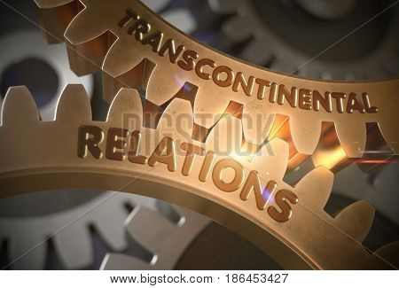 Transcontinental Relations on Mechanism of Golden Metallic Cog Gears with Lens Flare. Transcontinental Relations Golden Cogwheels. 3D Rendering.