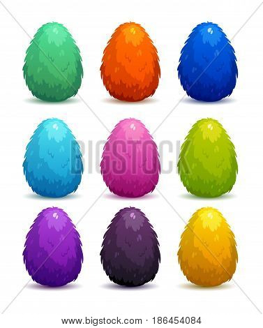 Colorful fantasy fluffy eggs set. Vector icons on white background.