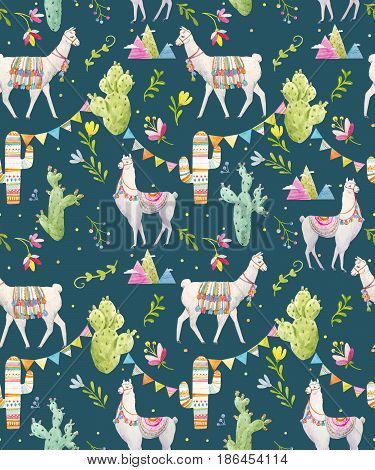 Seamless pattern with watercolor lama and abstract cactus and mountains