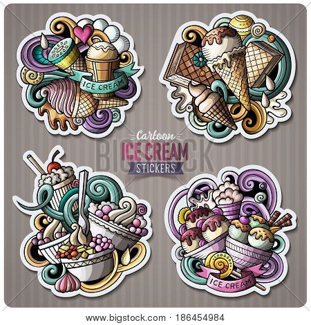Set of Ice Cream cartoon stickers. Vector doodle objects and symbols collection. Label design elements. Cute patches, pins, badges series. Comic style.