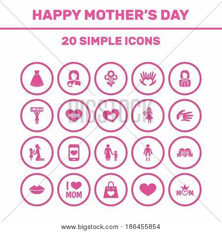 Mothers Day Icon Design Concept. Set Of 20 Such Elements As Protect, Madame And Mouth. Beautiful Symbols For Plant, Text And Gift.